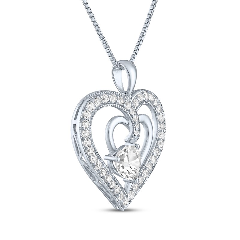 Main Image 2 of White Lab-Created Sapphire Double Heart Necklace Sterling Silver 18"