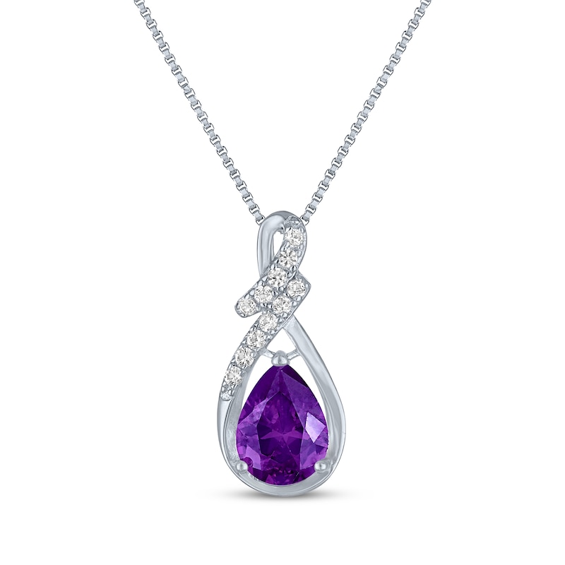 Main Image 1 of Pear-Shaped Amethyst & White Lab-Created Sapphire Swirl Necklace Sterling Silver 18"