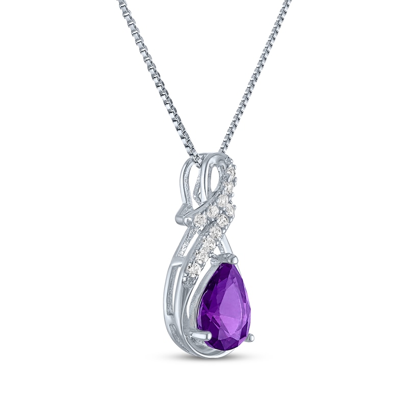Main Image 2 of Pear-Shaped Amethyst & White Lab-Created Sapphire Swirl Necklace Sterling Silver 18"