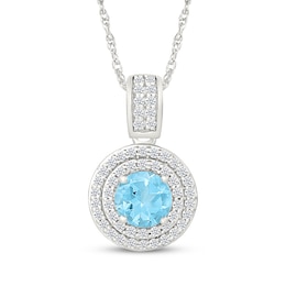 Swiss Blue Topaz & White Lab-Created Sapphire Double Halo Necklace Sterling Silver 18"