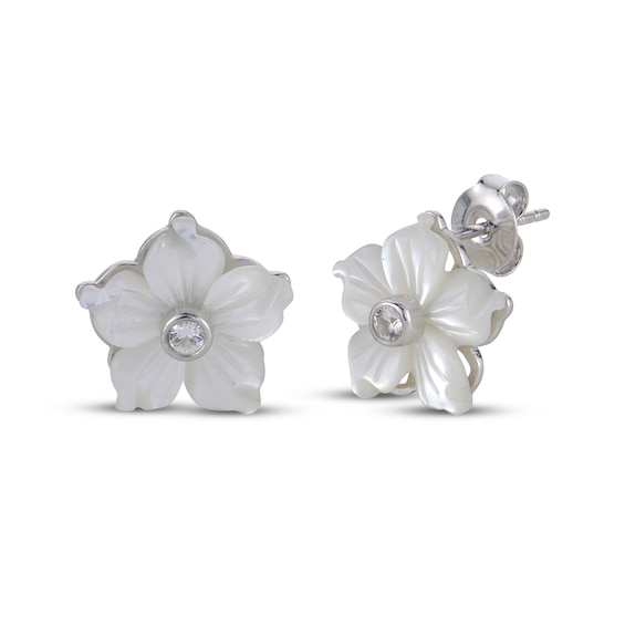 White Lab-Created Sapphire & Mother-of-Pearl Flower Stud Earrings Sterling Silver