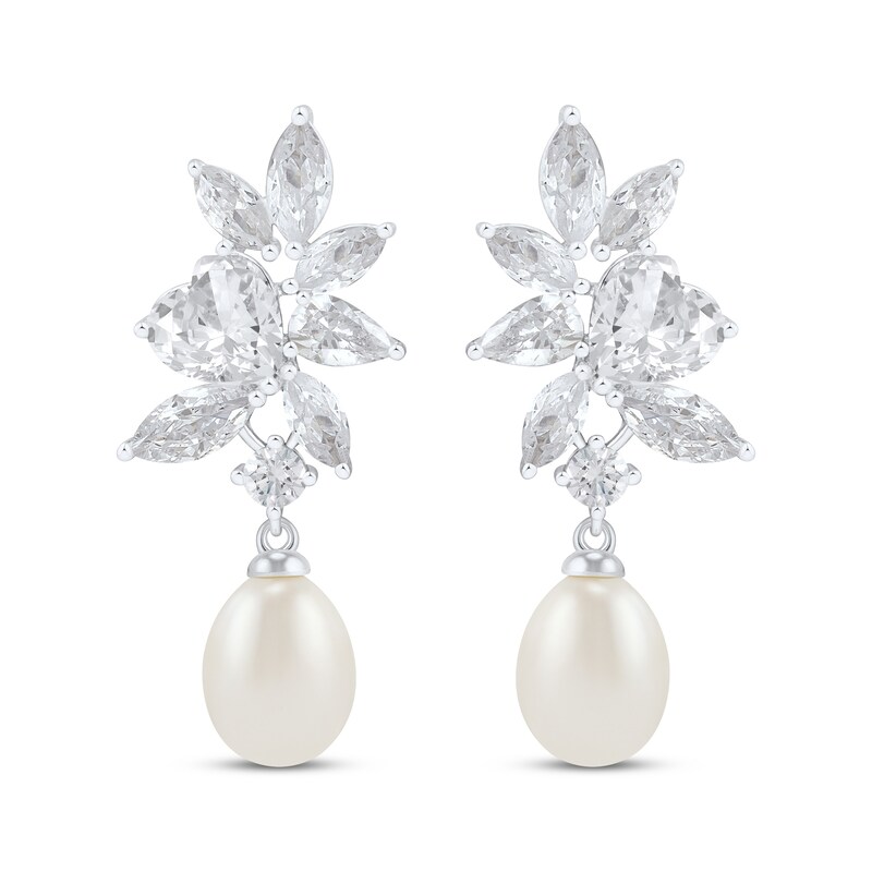 Main Image 2 of Cultured Pearl & White Lab-Created Sapphire Cluster Drop Earrings Sterling Silver