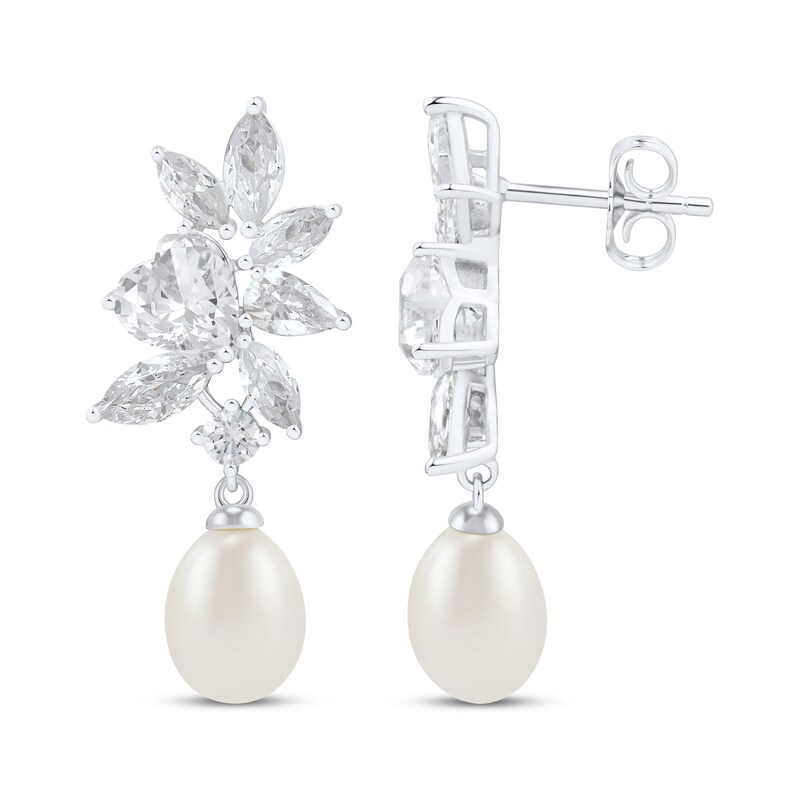 Main Image 3 of Cultured Pearl & White Lab-Created Sapphire Cluster Drop Earrings Sterling Silver