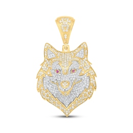 Diamond & Lab-Grown Ruby Wolf Head Charm 1-1/2 ct tw 10K Yellow Gold
