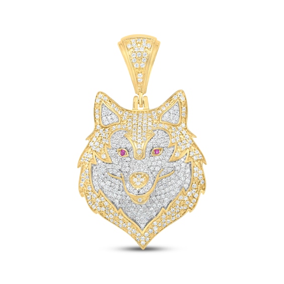 Diamond & Lab-Grown Ruby Wolf Head Charm 1-1/2 ct tw 10K Yellow Gold
