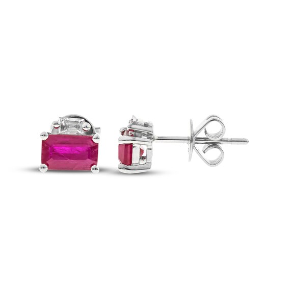 Emerald-Cut Natural Ruby & Diamond Earrings 1/10 ct tw 14K White Gold