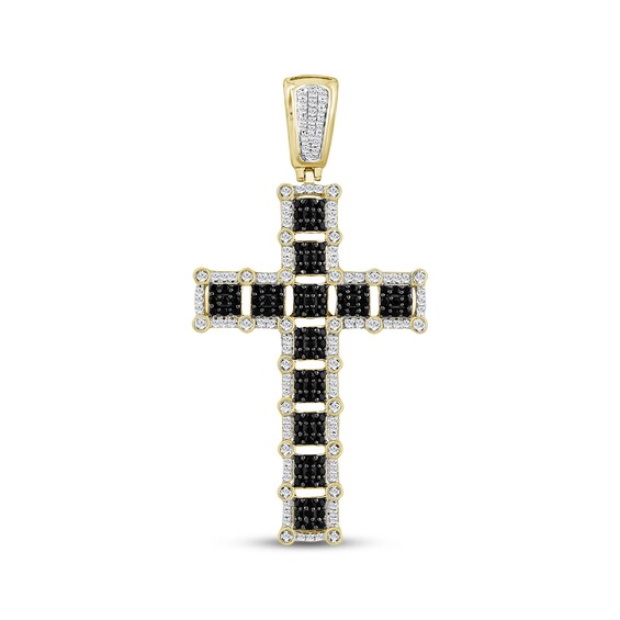 Men's Black & White Diamond Squares Cross Charm 1 ct tw 10K Yellow Gold