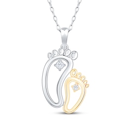 Diamond Mom & Baby Footprint Necklace 1/20 ct tw Sterling Silver & 10K Yellow Gold 18"