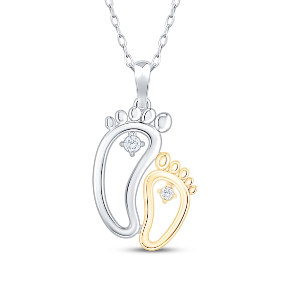 Diamond Mom & Baby Footprint Necklace 1/20 ct tw Sterling Silver & 10K Yellow Gold 18"