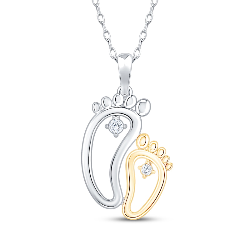 Main Image 1 of Diamond Mom & Baby Footprint Necklace 1/20 ct tw Sterling Silver & 10K Yellow Gold 18"