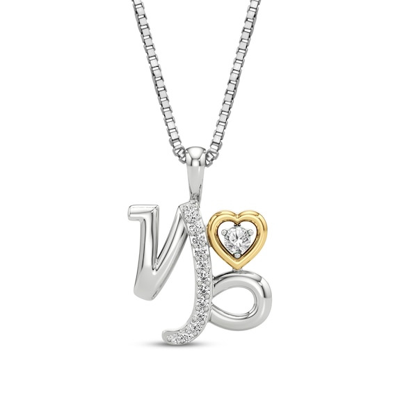 White Lab-Created Sapphire Capricorn Zodiac Symbol Necklace Sterling Silver & 10K Yellow Gold 18"