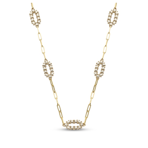 Diamond-Cut Oval Station Paperclip Chain Necklace Solid 10K Two-Tone Gold 18"