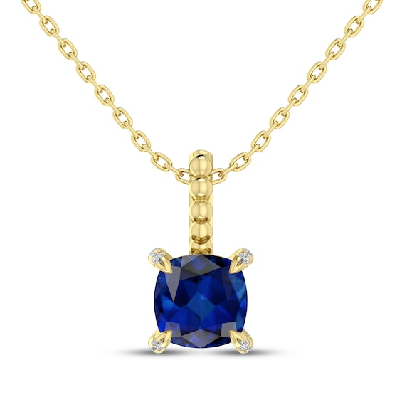 Cushion-Cut Blue Lab-Created Sapphire & Diamond Accent Necklace 10K Yellow Gold 18"