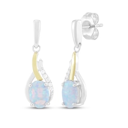 Oval-Cut Lab-Created Opal & White Lab-Created Sapphire Drop Earrings Sterling Silver & 10K Yellow Gold