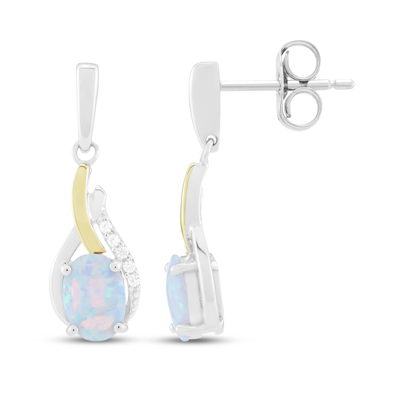 Main Image 3 of Oval-Cut Lab-Created Opal & White Lab-Created Sapphire Drop Earrings Sterling Silver & 10K Yellow Gold