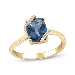 Cushion-Cut London Blue Topaz & Diamond Wrapped Ring 1/15 ct tw 10K Yellow Gold