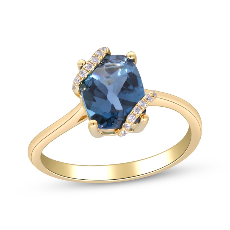 Main Image 1 of Cushion-Cut London Blue Topaz & Diamond Wrapped Ring 1/15 ct tw 10K Yellow Gold