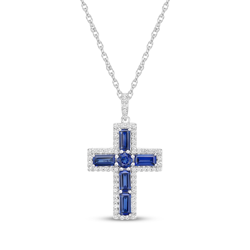 Main Image 1 of Baguette-Cut Blue Lab-Created Sapphire & White Lab-Created Sapphire Cross Necklace Sterling Silver 18"