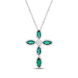 Marquise-Cut Lab-Created Emerald & White Lab-Created Sapphire Cross Necklace Sterling Silver 18"
