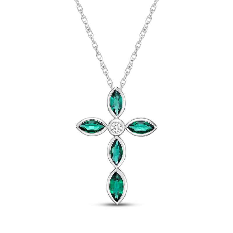 Main Image 1 of Marquise-Cut Lab-Created Emerald & White Lab-Created Sapphire Cross Necklace Sterling Silver 18"