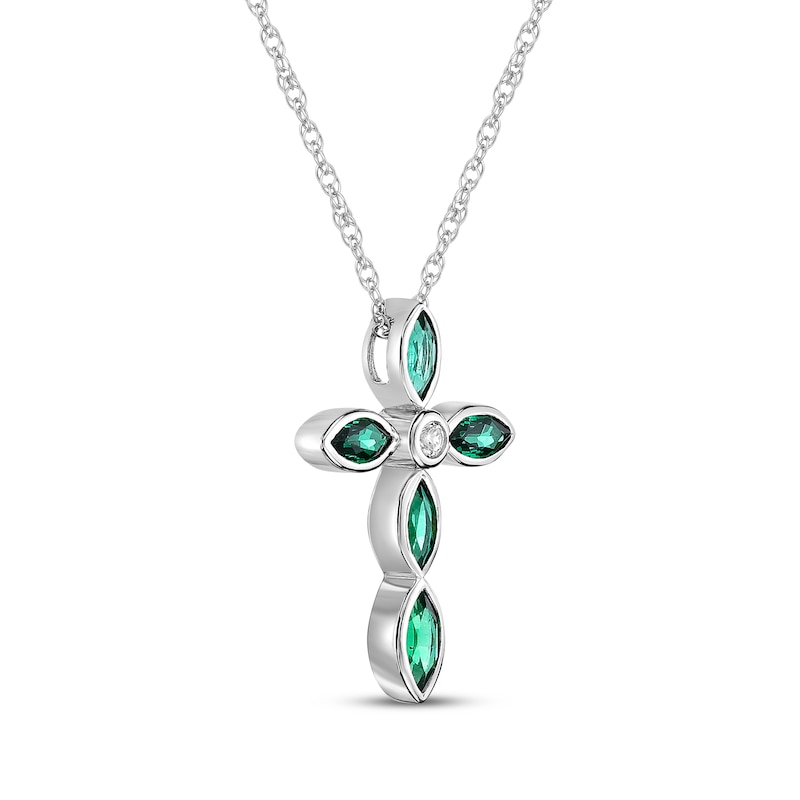 Main Image 2 of Marquise-Cut Lab-Created Emerald & White Lab-Created Sapphire Cross Necklace Sterling Silver 18"