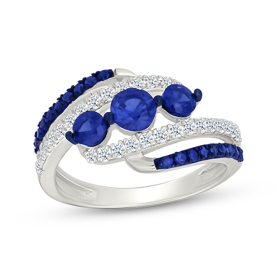 Blue & White Lab-Created Sapphire Three-Stone Bypass Ring Sterling Silver