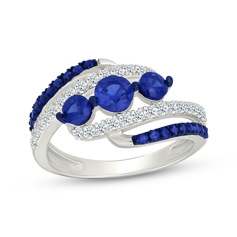 Main Image 1 of Blue & White Lab-Created Sapphire Three-Stone Bypass Ring Sterling Silver