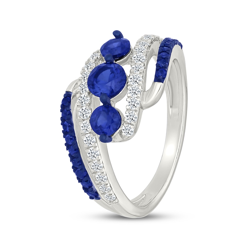 Main Image 2 of Blue & White Lab-Created Sapphire Three-Stone Bypass Ring Sterling Silver