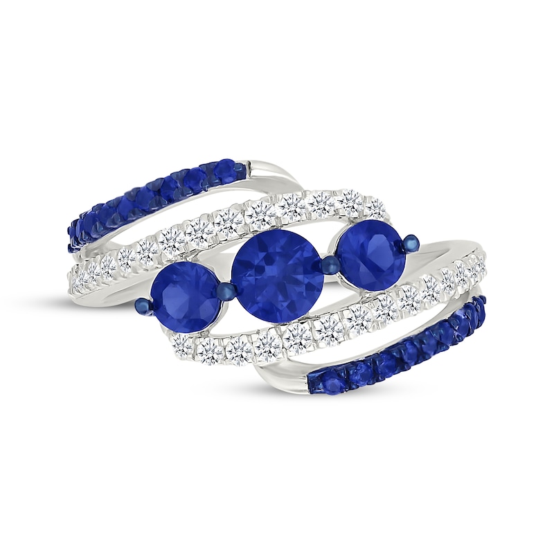 Main Image 4 of Blue & White Lab-Created Sapphire Three-Stone Bypass Ring Sterling Silver