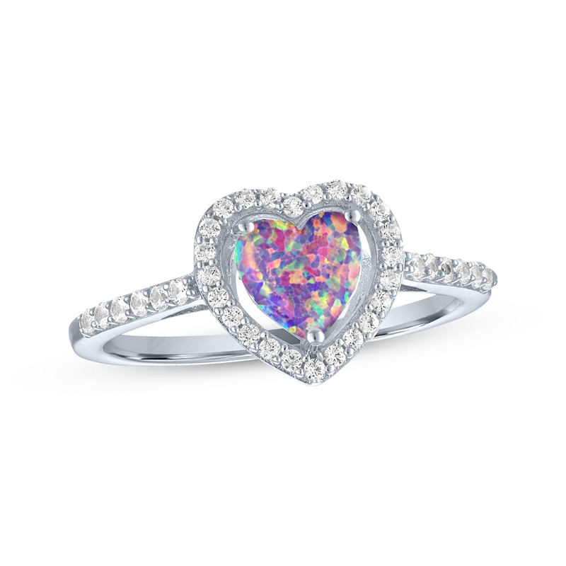 Main Image 1 of Heart-Shaped Lavender Lab-Created Opal & White Lab-Created Sapphire Ring Sterling Silver