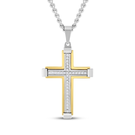 Men's Diamond Cross Necklace 1/6 ct tw Stainless Steel & Yellow Ion Plating 24"