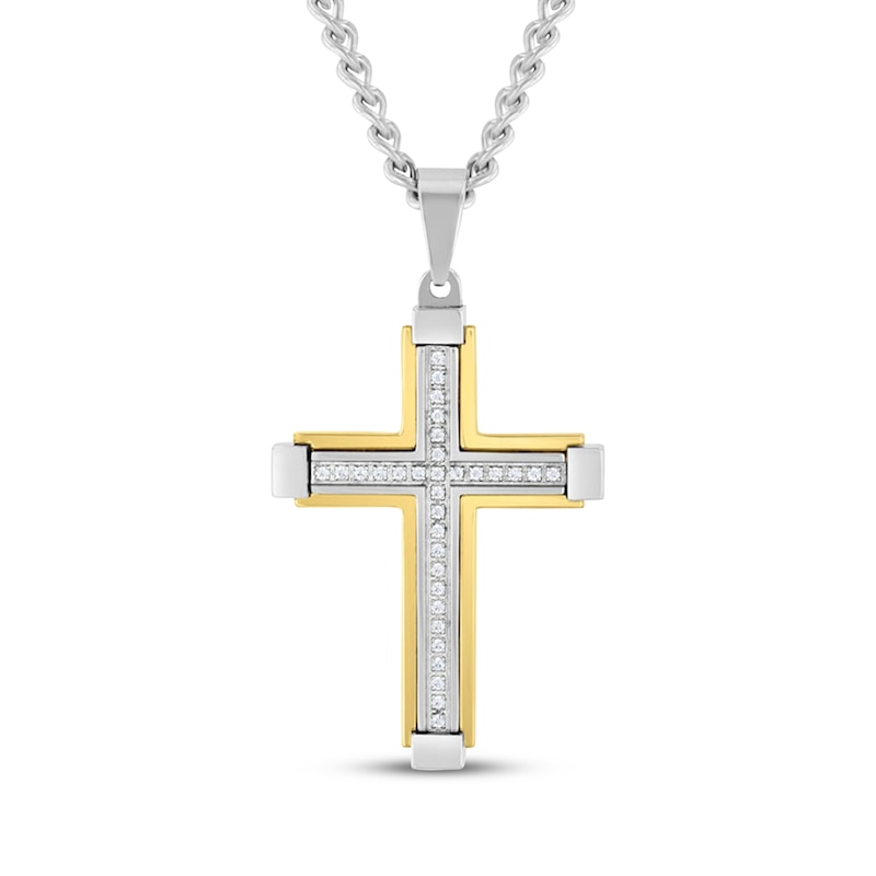 Main Image 1 of Men's Diamond Cross Necklace 1/6 ct tw Stainless Steel & Yellow Ion Plating 24"