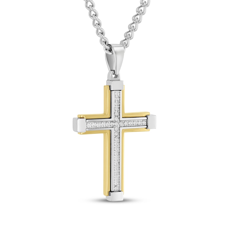 Main Image 2 of Men's Diamond Cross Necklace 1/6 ct tw Stainless Steel & Yellow Ion Plating 24"