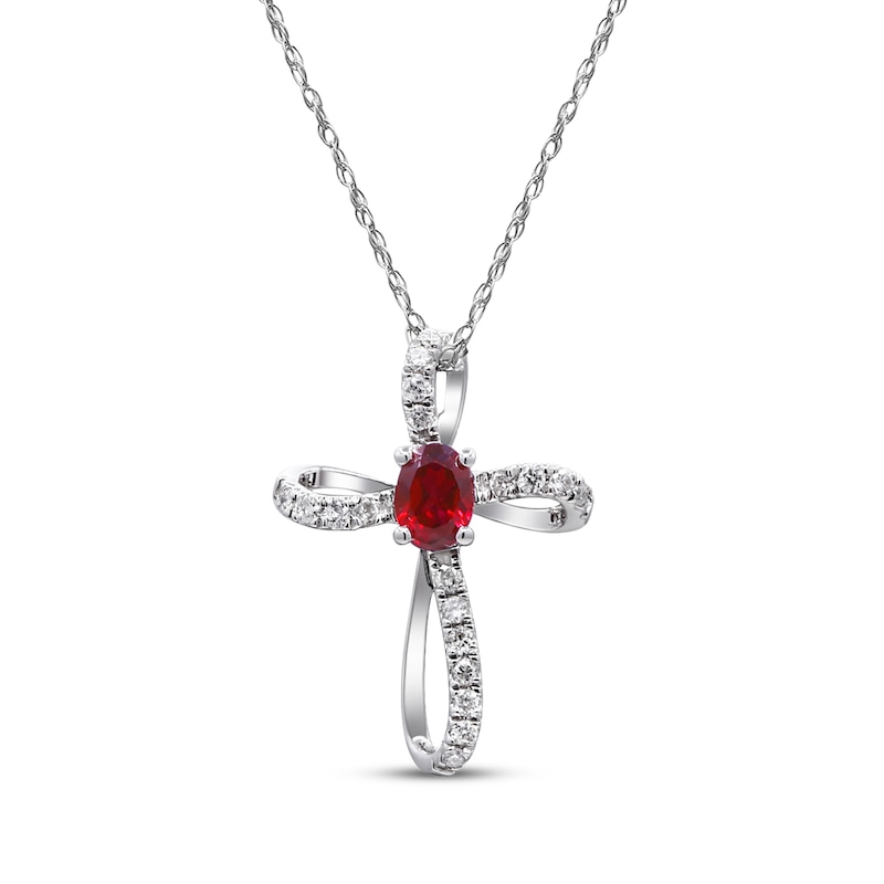 Main Image 1 of Oval-Cut Ruby & Diamond Loop Cross Necklace 1/10 ct tw 10K White Gold 18"