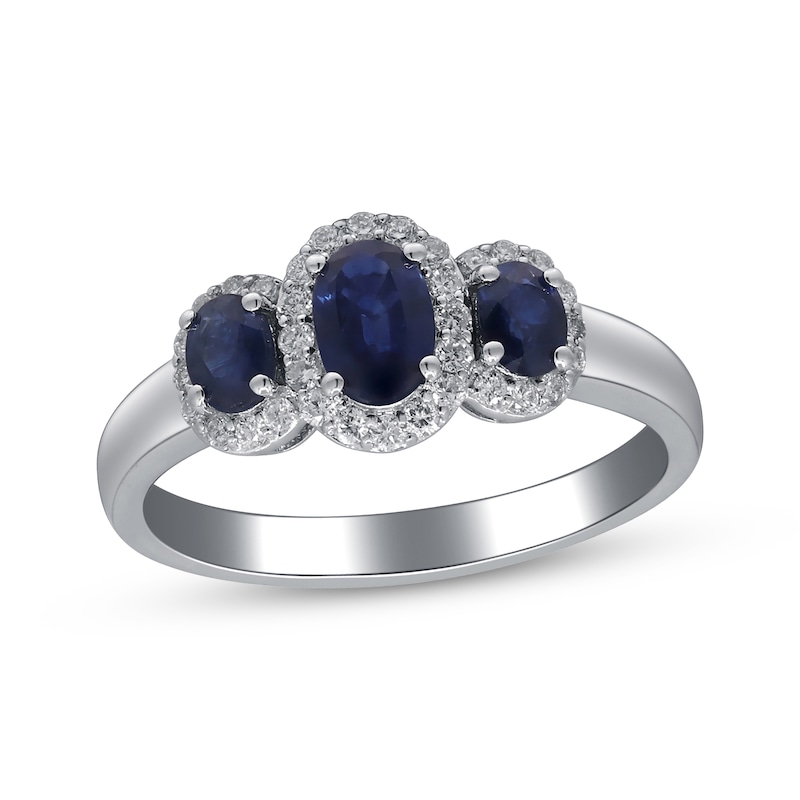 Main Image 1 of Oval-Cut Blue Sapphire & Diamond Three-Stone Halo Ring 1/4 ct tw 10K White Gold
