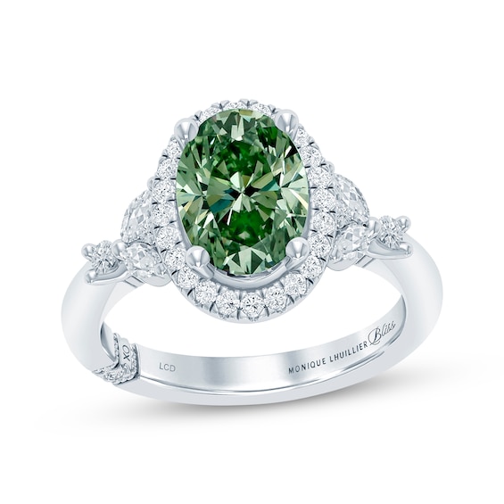 Monique Lhuillier Bliss Oval-Cut Green & White Lab-Grown Diamond Halo Engagement Ring 3 ct tw 18K White Gold