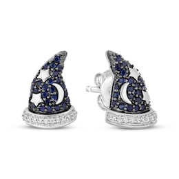 Disney Treasures Mickey Mouse Blue Sapphire & Diamond Sorcerer Hat Earrings 1/20 ct tw Sterling Silver