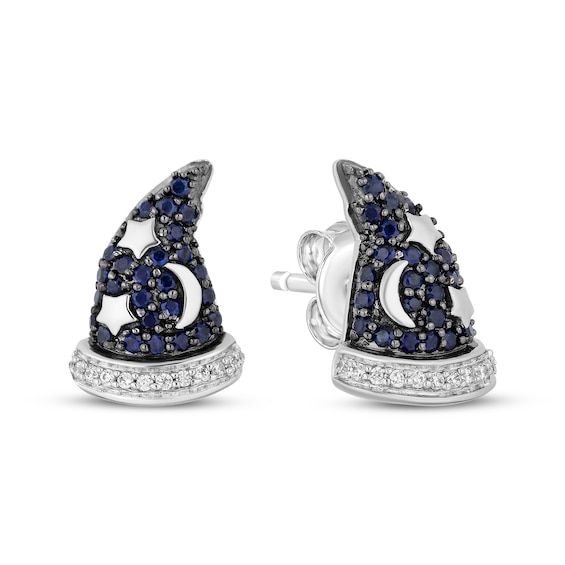 Disney Treasures Mickey Mouse Blue Sapphire & Diamond Sorcerer Hat Earrings 1/20 ct tw Sterling Silver