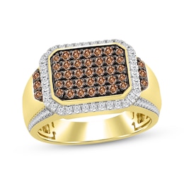 Men's Brown & White Multi-Diamond Ring 1 ct tw 10K Yellow Gold