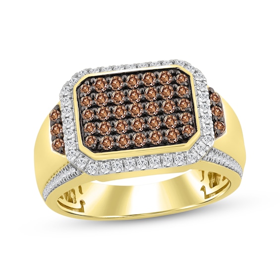 Men's Brown & White Multi-Diamond Ring 1 ct tw 10K Yellow Gold