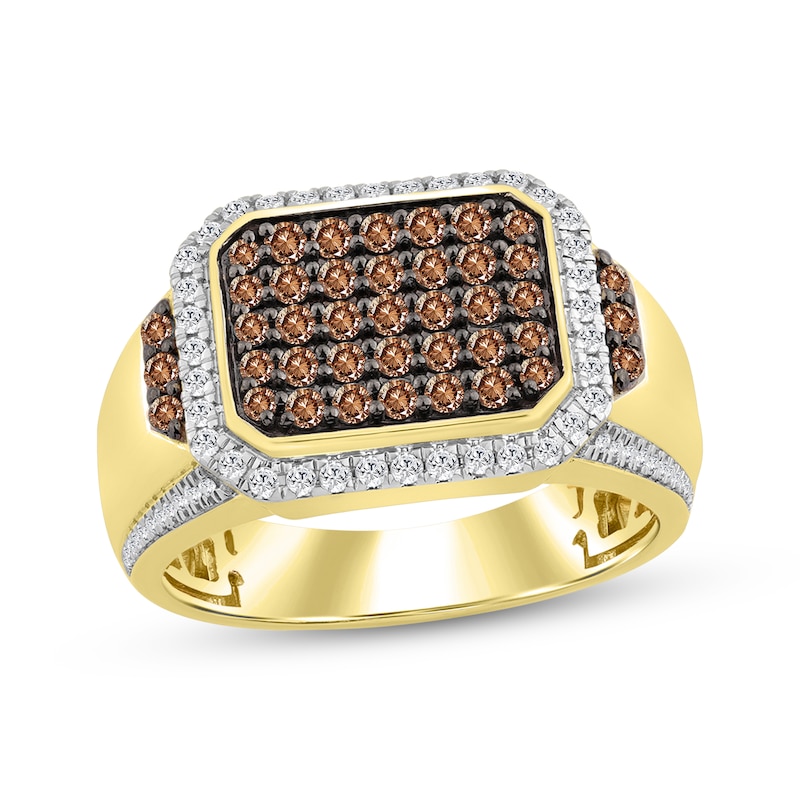 Main Image 1 of Men's Brown & White Multi-Diamond Ring 1 ct tw 10K Yellow Gold