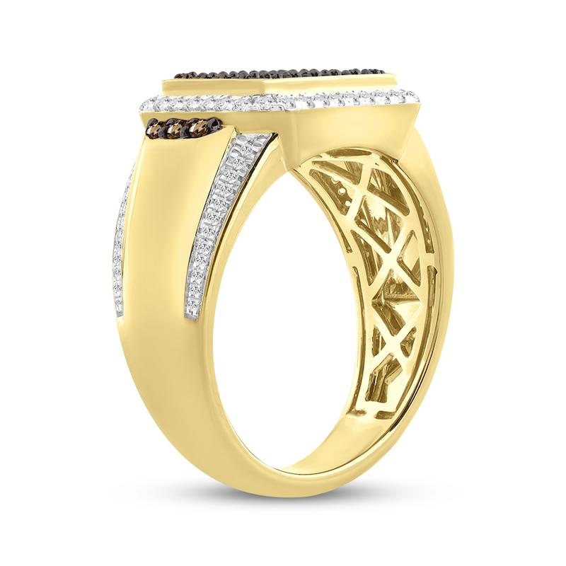 Main Image 2 of Men's Brown & White Multi-Diamond Ring 1 ct tw 10K Yellow Gold