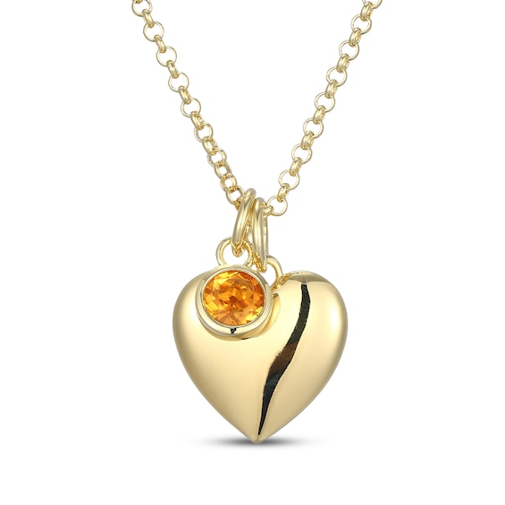 Citrine & Puff Heart Charm Toggle Necklace 24K Yellow Gold Vermeil Sterling Silver 18"