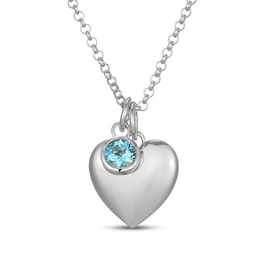 Swiss Blue Topaz & Puff Heart Charm Toggle Necklace Sterling Silver 18"