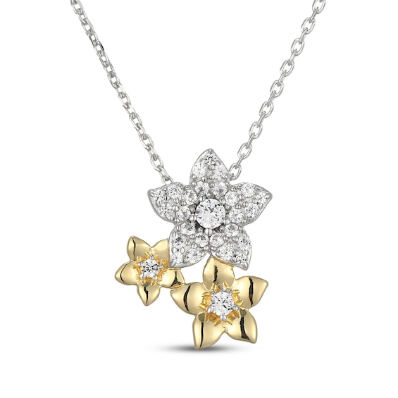 White Lab-Created Sapphire Flower Necklace 24K Yellow Gold Vermeil Sterling Silver 18"