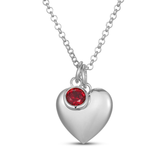 Lab-Created Ruby & Puff Heart Charm Toggle Necklace Sterling Silver 18"