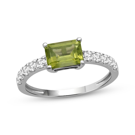 Emerald-Cut Peridot & White Lab-Created Sapphire Ring Sterling Silver