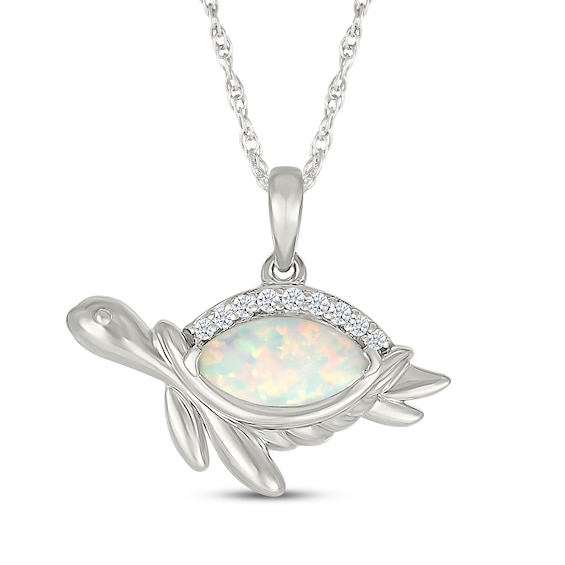 Marquise Lab-Created Opal & White Lab-Created Sapphire Sea Turtle Necklace Sterling Silver 18"