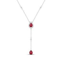 Pear-Shaped Lab-Created Ruby & White Lab-Created Sapphire "Y" Halo Necklace Sterling Silver 18"