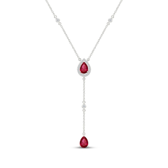 Pear-Shaped Lab-Created Ruby & White Lab-Created Sapphire "Y" Halo Necklace Sterling Silver 18"